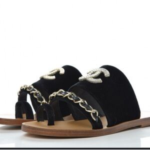 Chanel black velvet sandals.